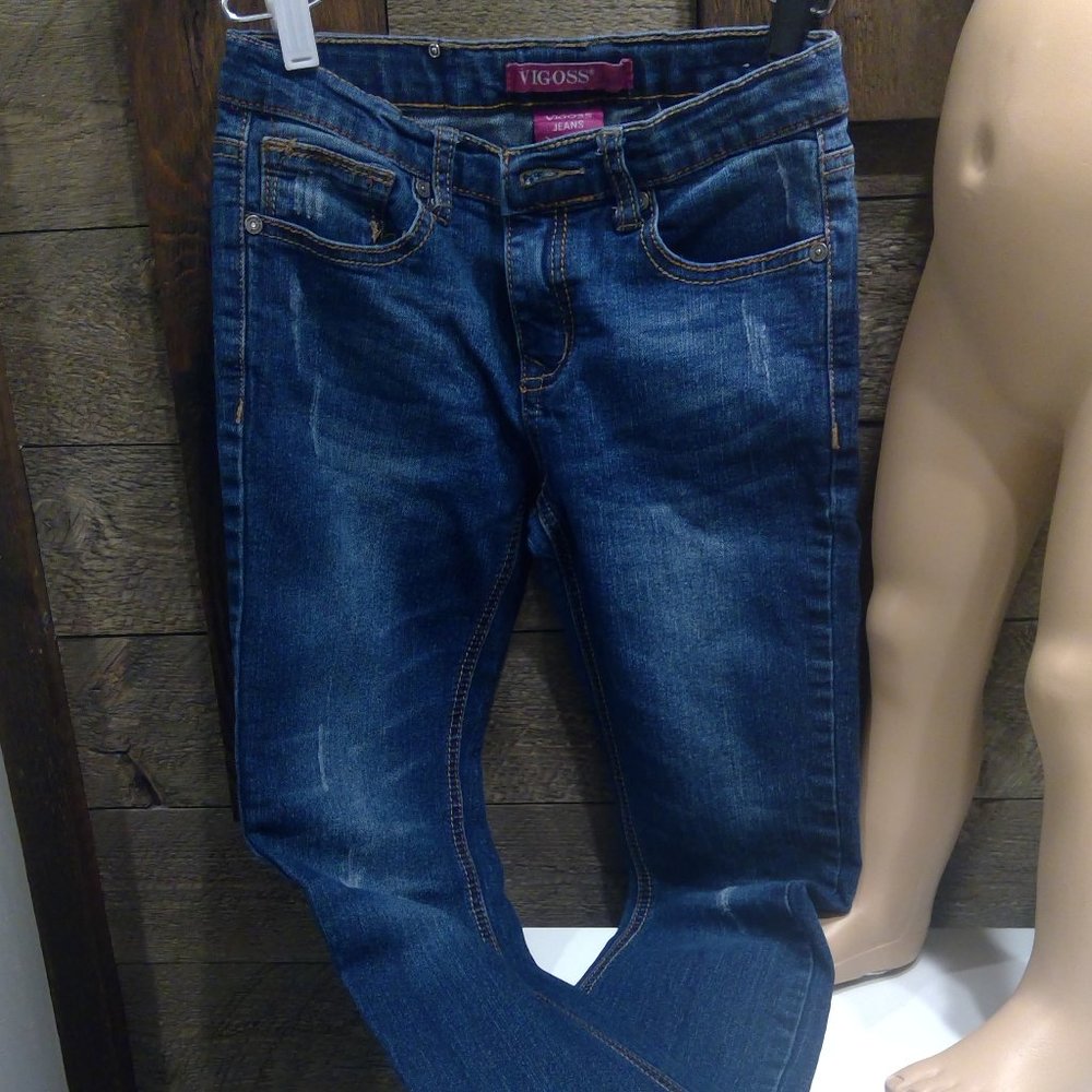 Vigoss Girls Jeans Size 14 Long Dark Blue Distressed Stretch Denim Pants